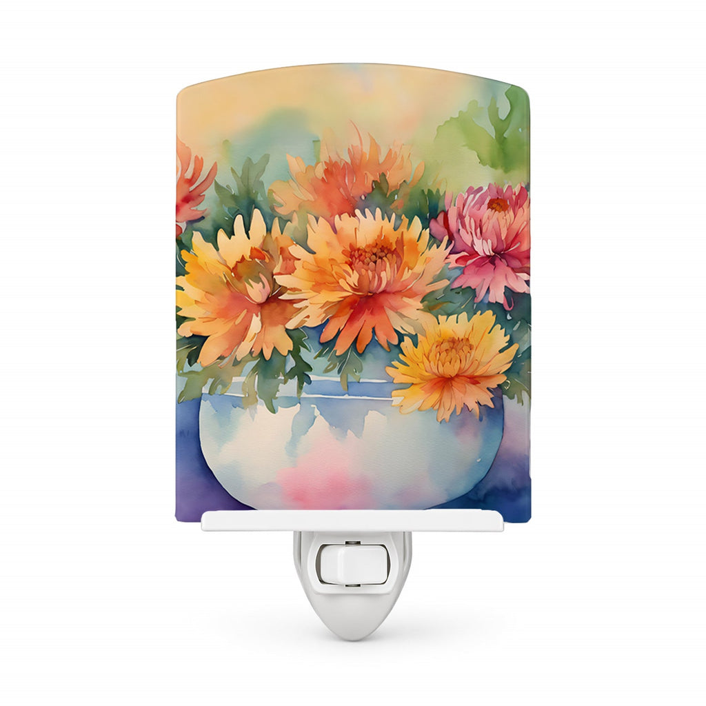 Chrysanthemums in Watercolor Ceramic Night Light Compact, UL-Certified, Ideal for Bedroom, Bathroom, Nursery, Hallway, Kitchen, 6x4x3, Multicolor