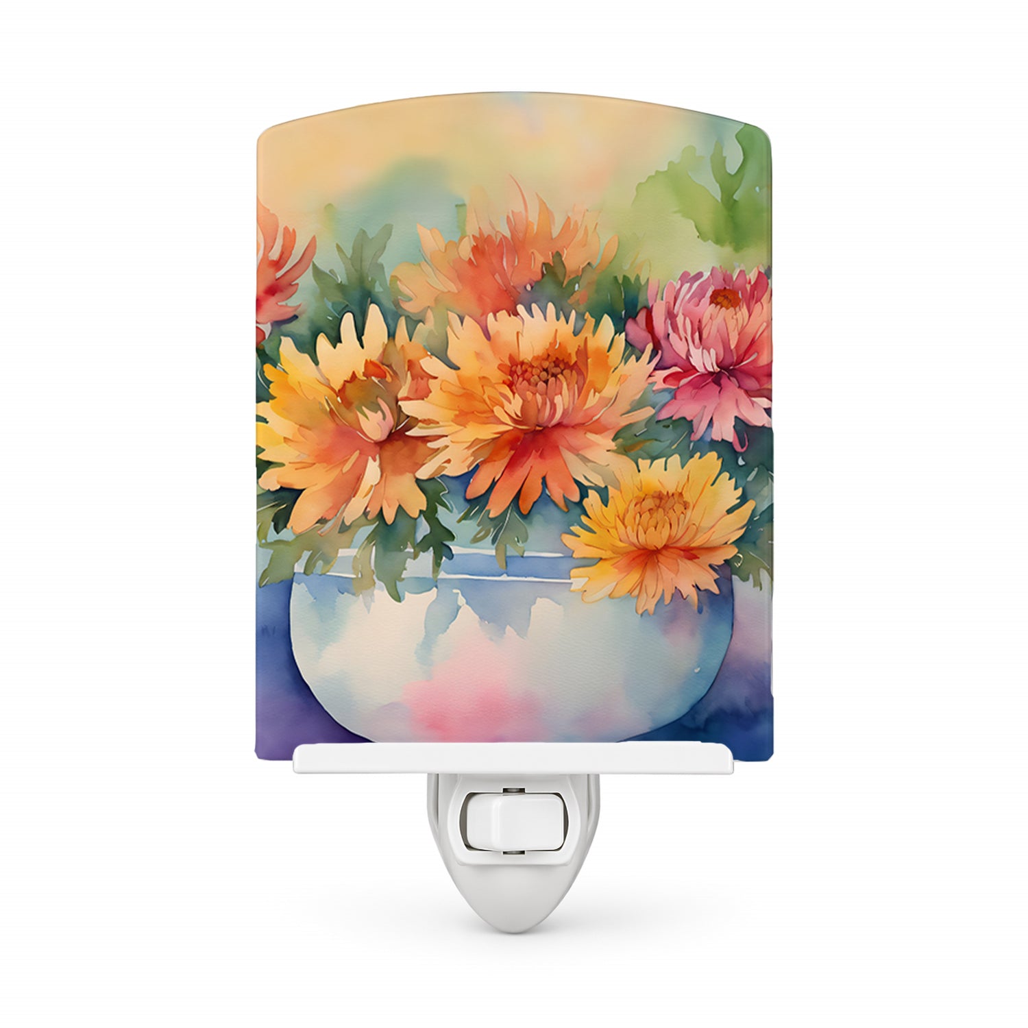 Chrysanthemums in Watercolor Ceramic Night Light Compact, UL-Certified, Ideal for Bedroom, Bathroom, Nursery, Hallway, Kitchen, 6x4x3, Multicolor