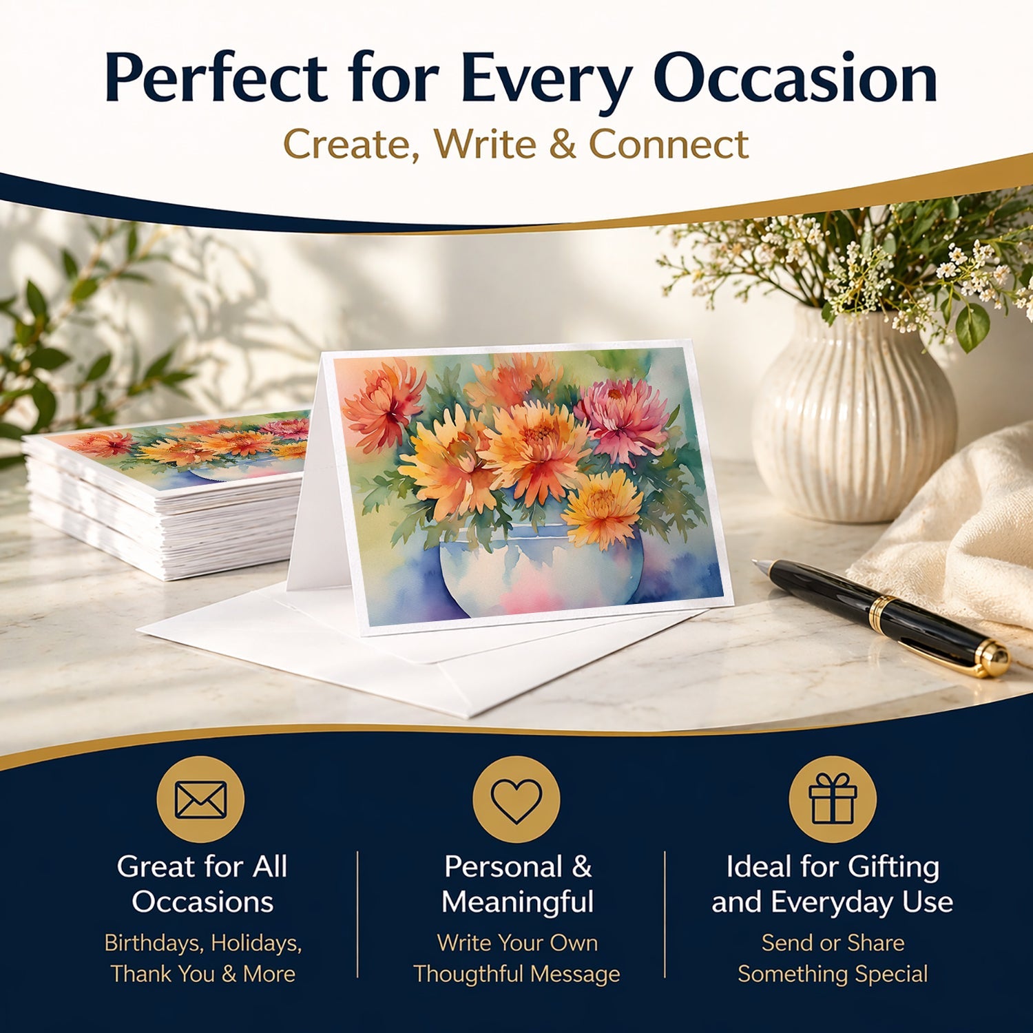 Chrysanthemums in Watercolor Greeting Cards Pack of 8 Blank Cards with Envelopes Whimsical A7 Size 5x7