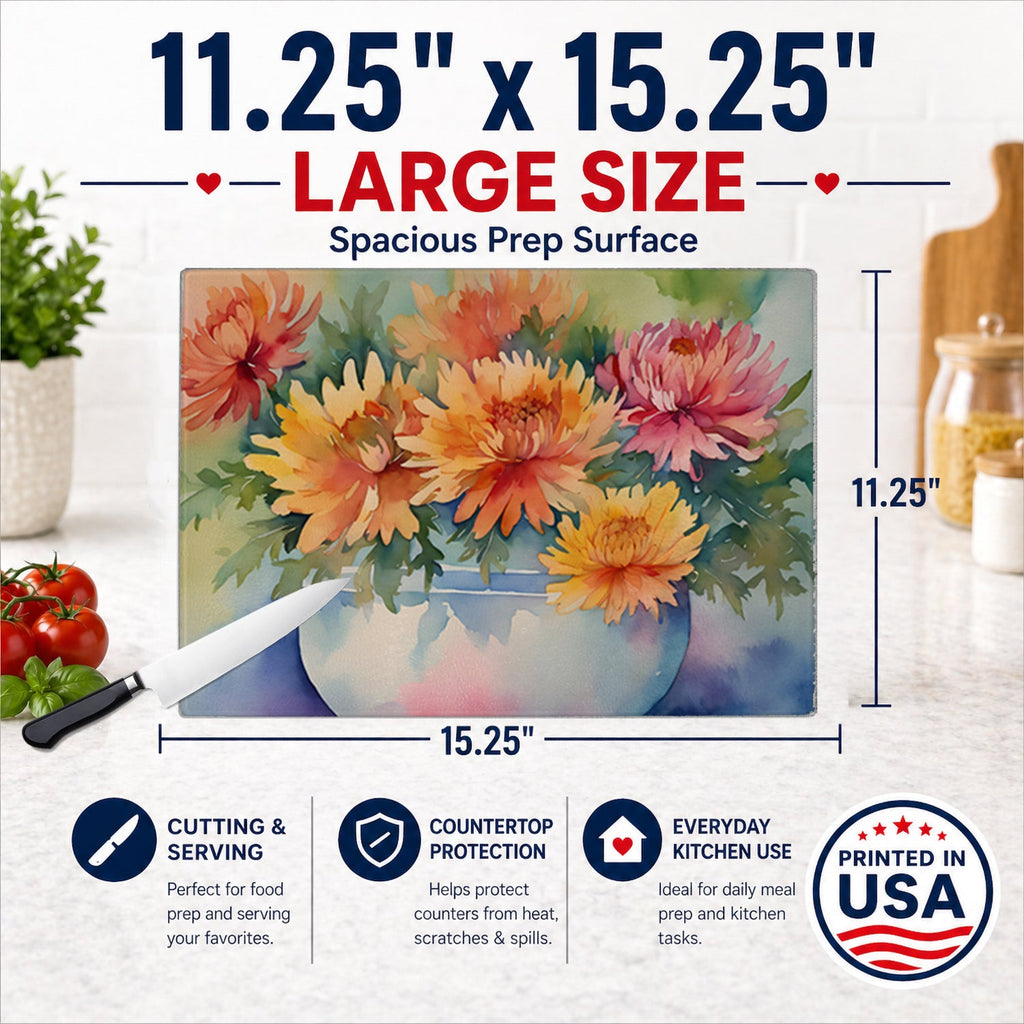 Chrysanthemums in Watercolor Cutting Board Tempered Glass Kitchen Cutting Surface, Heat Resistant Chopping, Non-Slip Feet, Food Prep & Serving