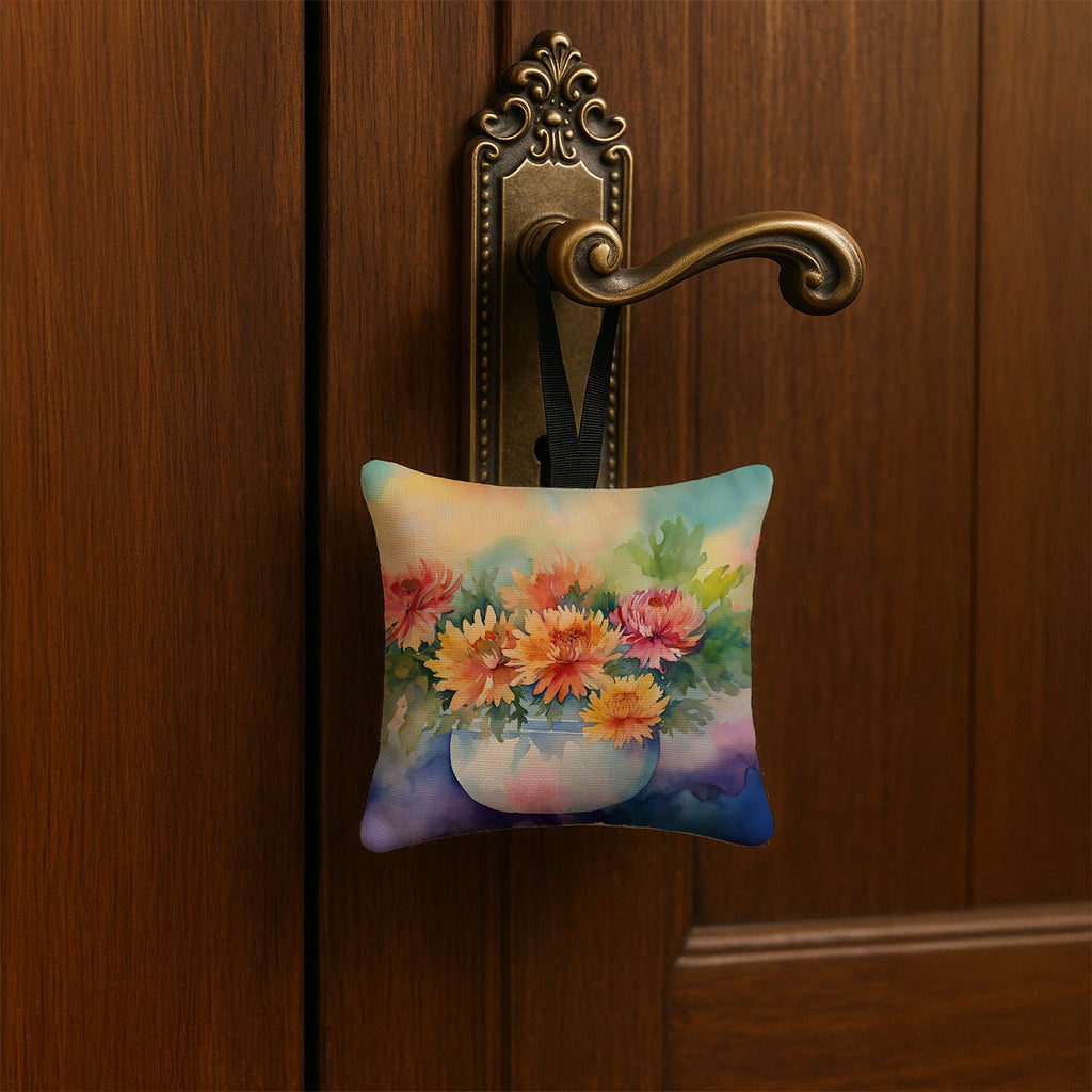Chrysanthemums in Watercolor Hanging Square Fabric Ornament 3.5 × 3.5 Decorative Door-Knob & Tree Hanger, Soft Fabric