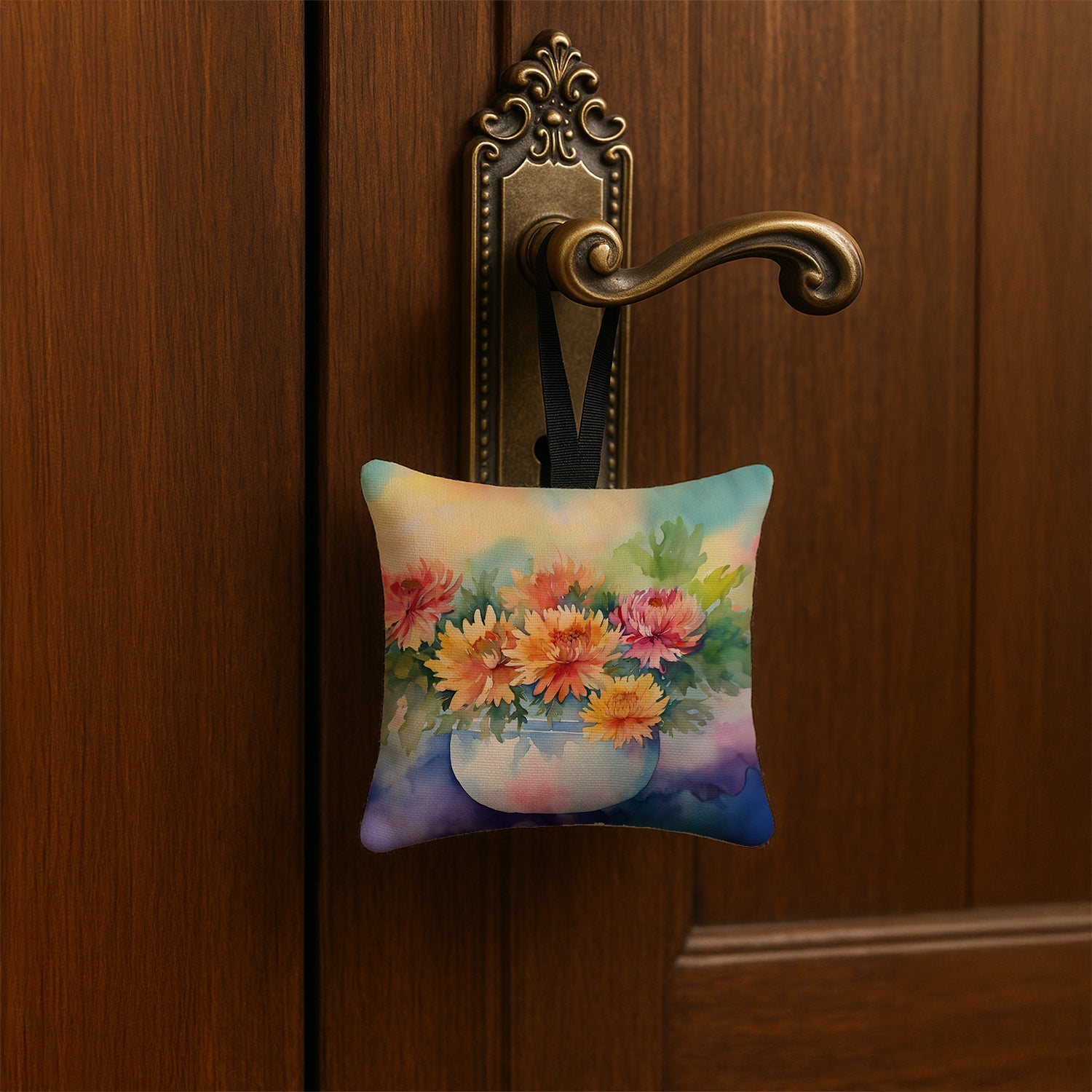 Chrysanthemums in Watercolor Hanging Square Fabric Ornament 3.5 × 3.5 Decorative Door-Knob & Tree Hanger, Soft Fabric