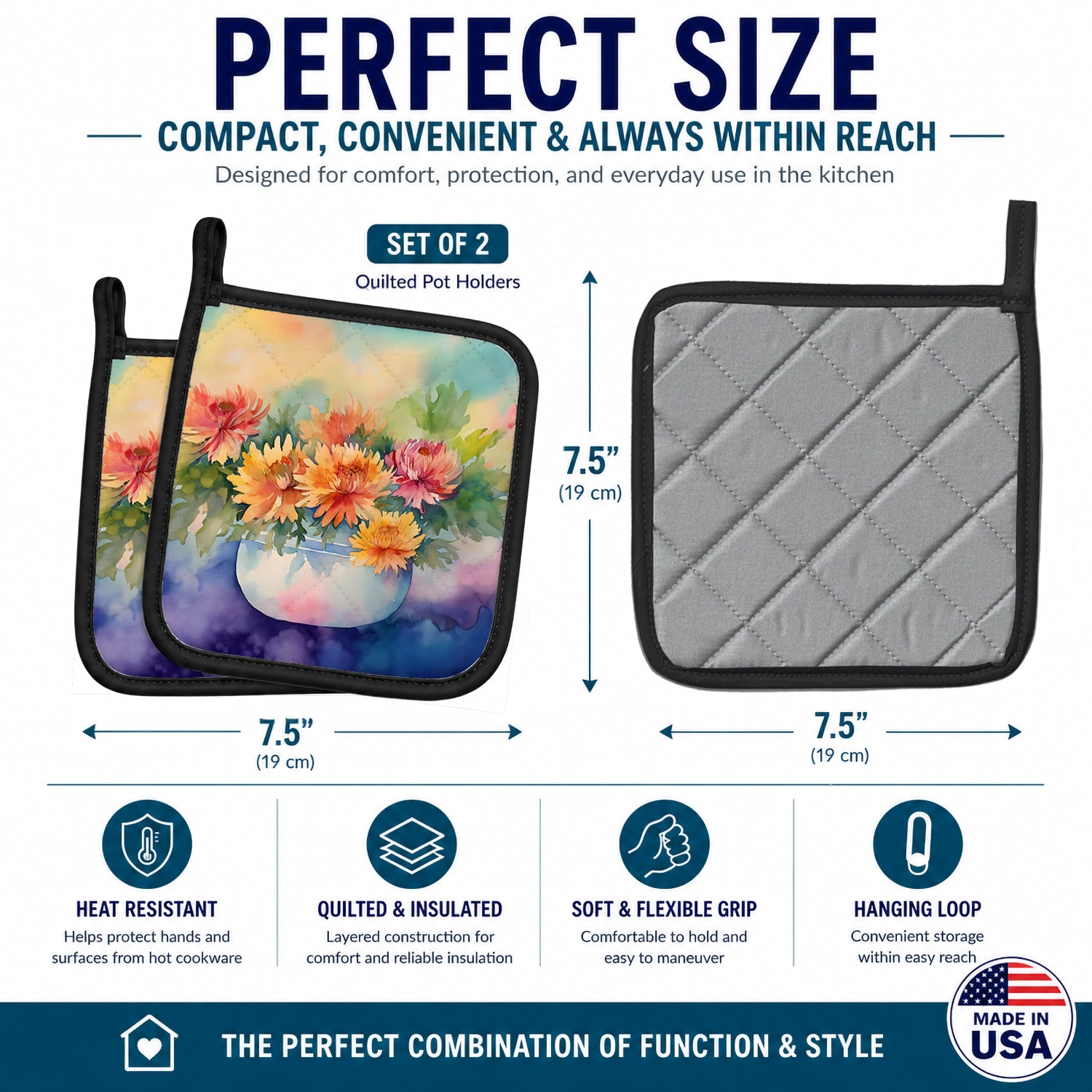 Chrysanthemums in Watercolor Pot Holder Set of 2 Heat Resistant Quilted Hot Pads 7.5 x 7.5 Inch, Insulated Kitchen Trivets for Cooking & Baking