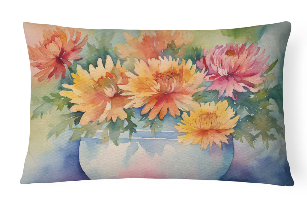Chrysanthemums in Watercolor Decorative Throw Pillow 12x16 Indoor Outdoor Accent Cushion, Fabric Cover with Insert for Sofa, Bed, Porch & Living Room