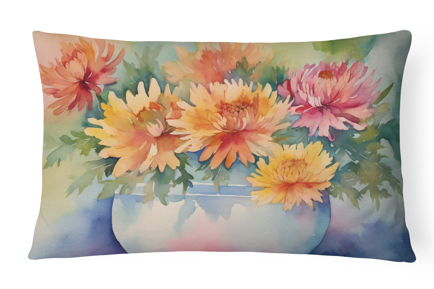 Chrysanthemums in Watercolor Decorative Throw Pillow 12x16 Indoor Outdoor Accent Cushion, Fabric Cover with Insert for Sofa, Bed, Porch & Living Room