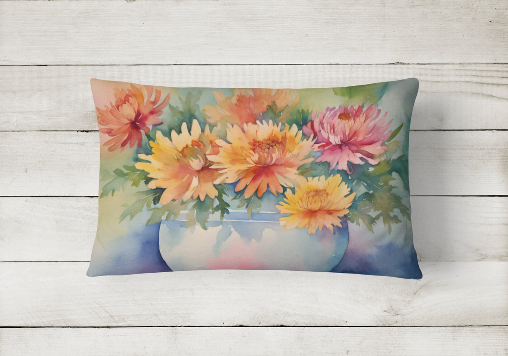 Chrysanthemums in Watercolor Decorative Throw Pillow 12x16 Indoor Outdoor Accent Cushion, Fabric Cover with Insert for Sofa, Bed, Porch & Living Room