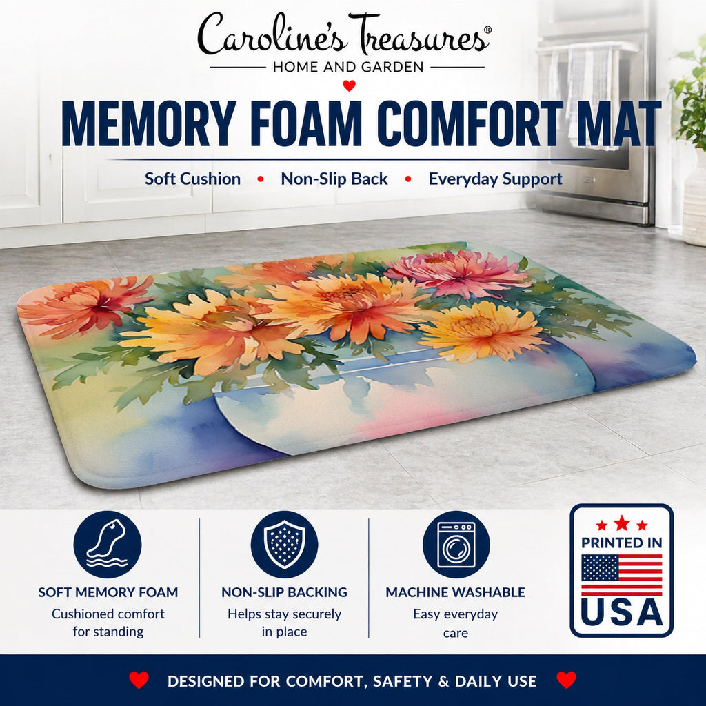 Chrysanthemums in Watercolor Memory Foam Kitchen Mat Machine Washable Anti-Fatigue Cushion Comfort Bath or Kitchen Rug