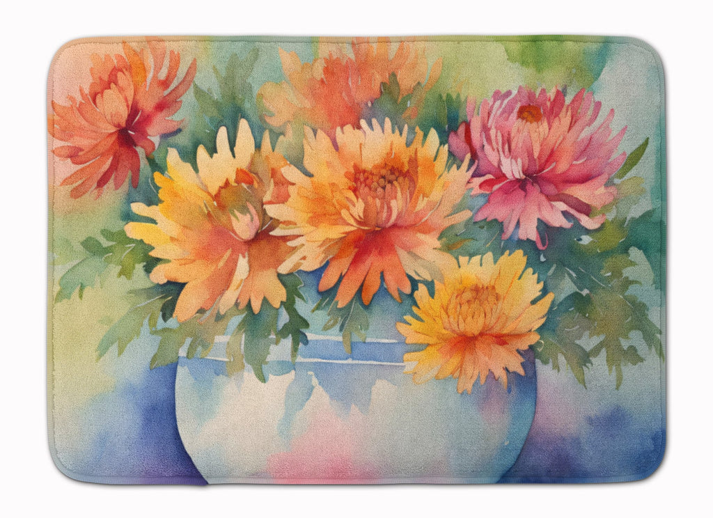 Chrysanthemums in Watercolor Memory Foam Kitchen Mat Machine Washable Anti-Fatigue Cushion Comfort Bath or Kitchen Rug