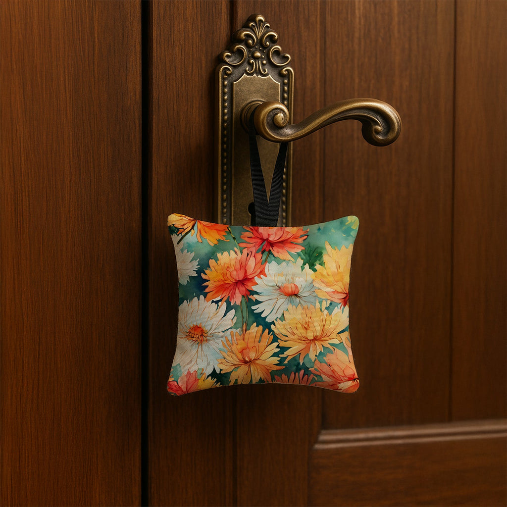 Chrysanthemums in Watercolor Hanging Square Fabric Ornament 3.5 × 3.5 Decorative Door-Knob & Tree Hanger, Soft Fabric