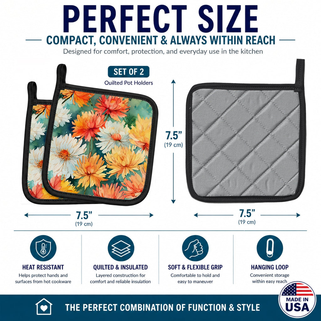 Chrysanthemums in Watercolor Pot Holder Set of 2 Heat Resistant Quilted Hot Pads 7.5 x 7.5 Inch, Insulated Kitchen Trivets for Cooking & Baking