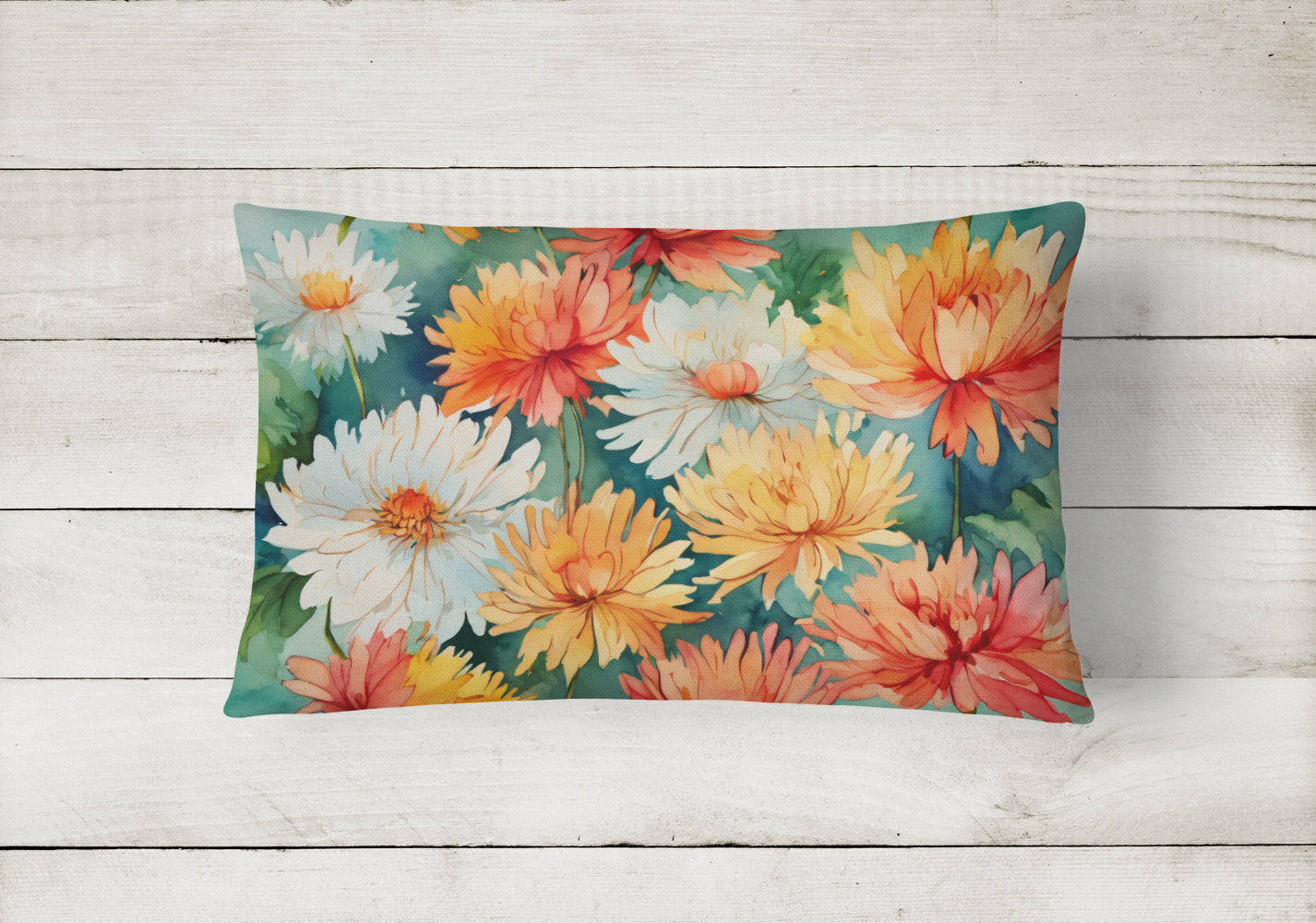 Chrysanthemums in Watercolor Decorative Throw Pillow 12x16 Indoor Outdoor Accent Cushion, Fabric Cover with Insert for Sofa, Bed, Porch & Living Room