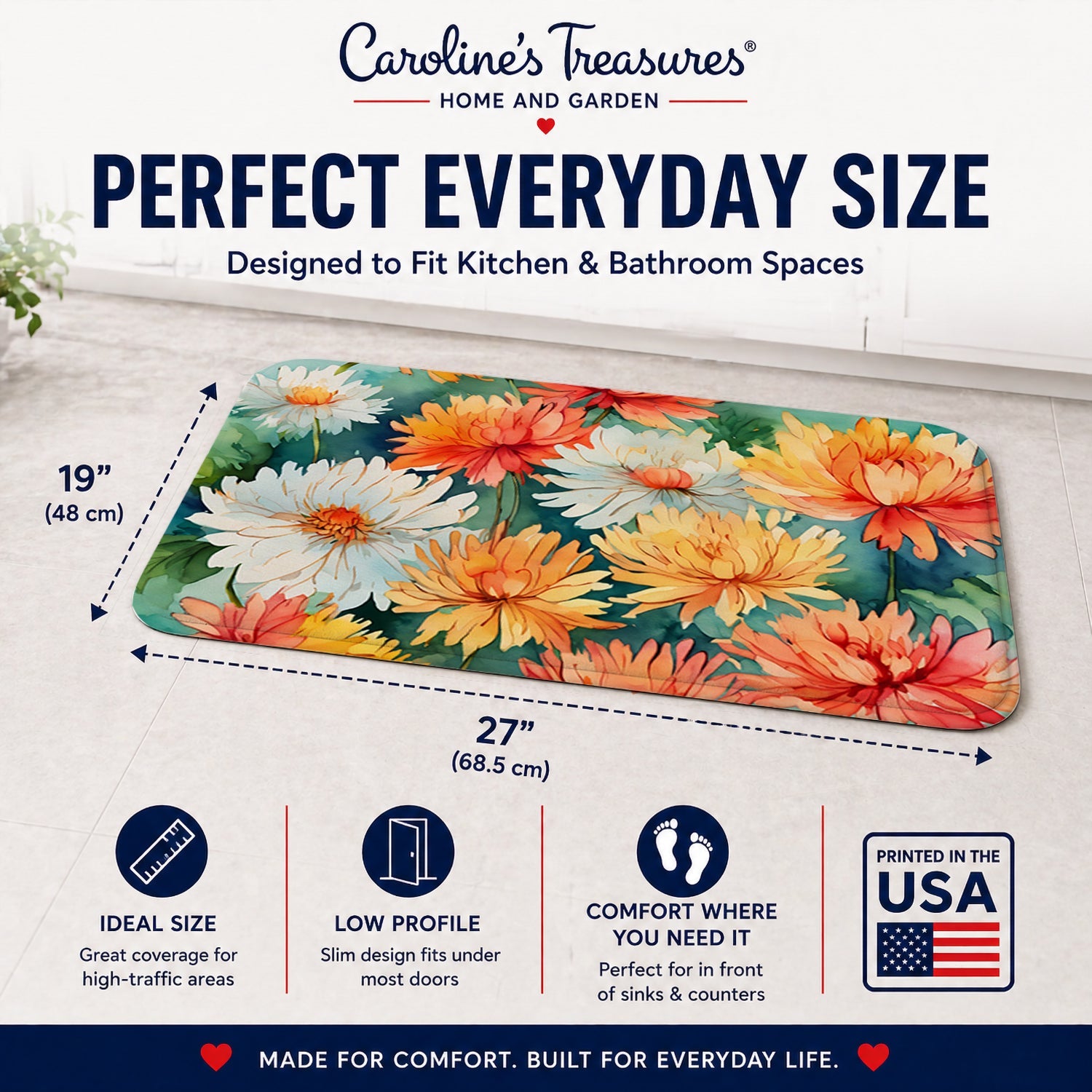 Chrysanthemums in Watercolor Memory Foam Kitchen Mat Machine Washable Anti-Fatigue Cushion Comfort Bath or Kitchen Rug