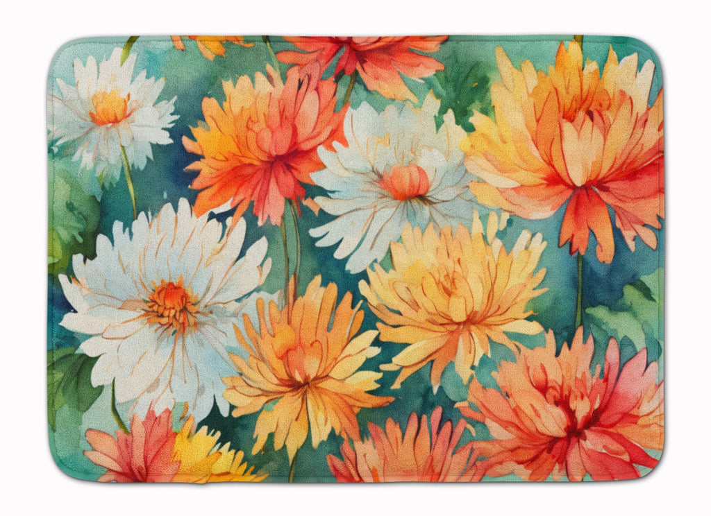 Chrysanthemums in Watercolor Memory Foam Kitchen Mat Machine Washable Anti-Fatigue Cushion Comfort Bath or Kitchen Rug