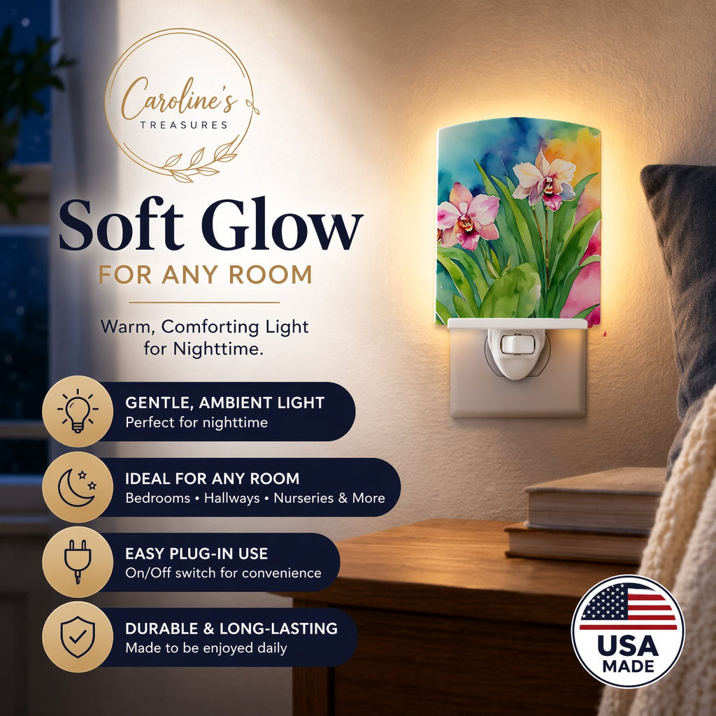 Orchids in Watercolor Ceramic Night Light Compact, UL-Certified, Ideal for Bedroom, Bathroom, Nursery, Hallway, Kitchen, 6x4x3, Multicolor