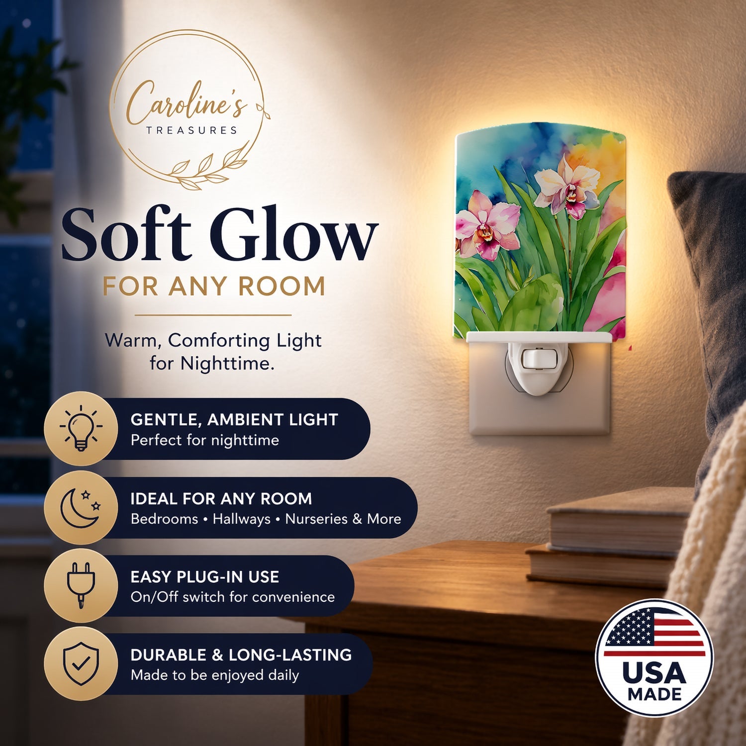 Orchids in Watercolor Ceramic Night Light Compact, UL-Certified, Ideal for Bedroom, Bathroom, Nursery, Hallway, Kitchen, 6x4x3, Multicolor