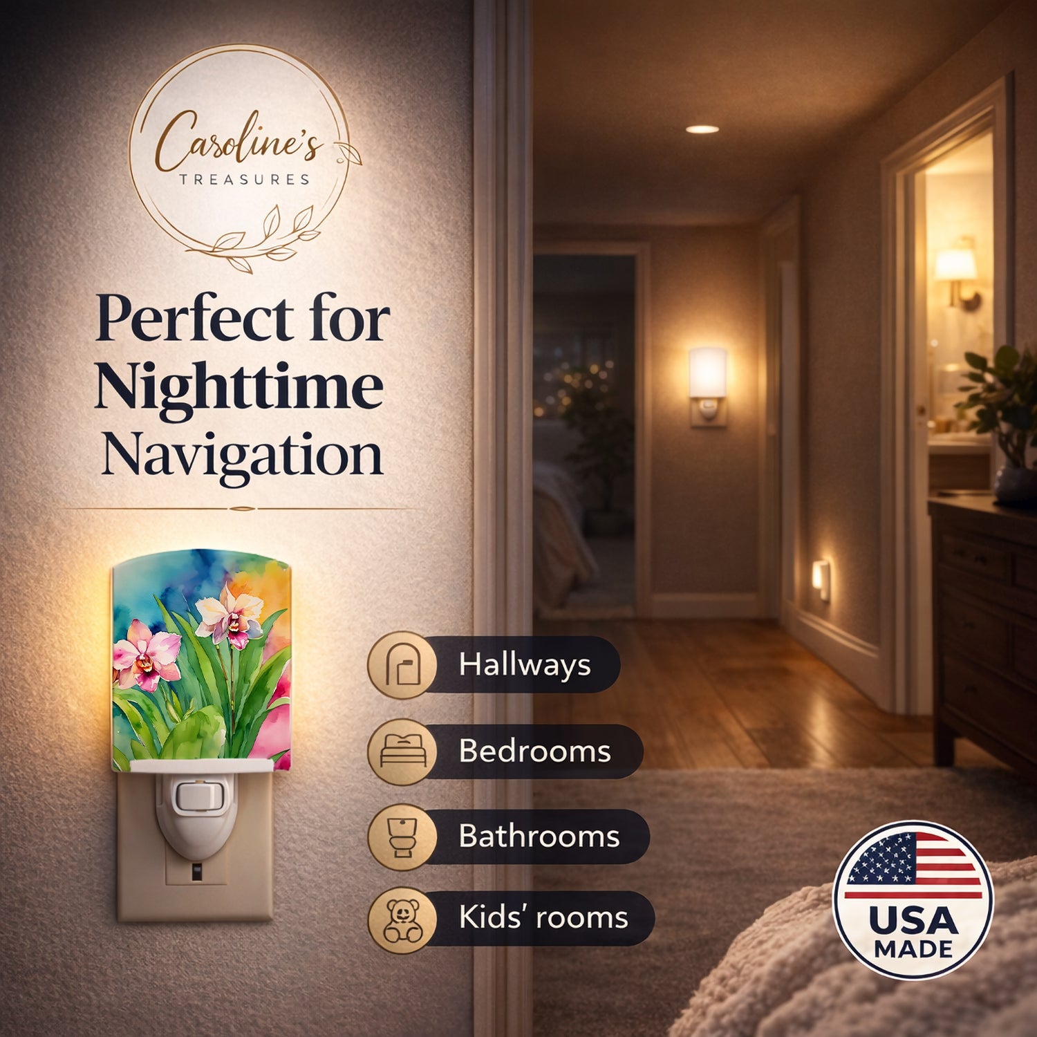 Orchids in Watercolor Ceramic Night Light Compact, UL-Certified, Ideal for Bedroom, Bathroom, Nursery, Hallway, Kitchen, 6x4x3, Multicolor