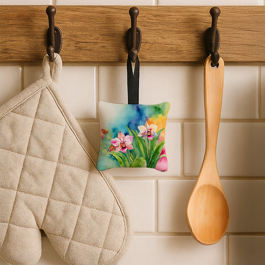 Orchids in Watercolor Hanging Square Fabric Ornament 3.5 × 3.5 Decorative Door-Knob & Tree Hanger, Soft Fabric