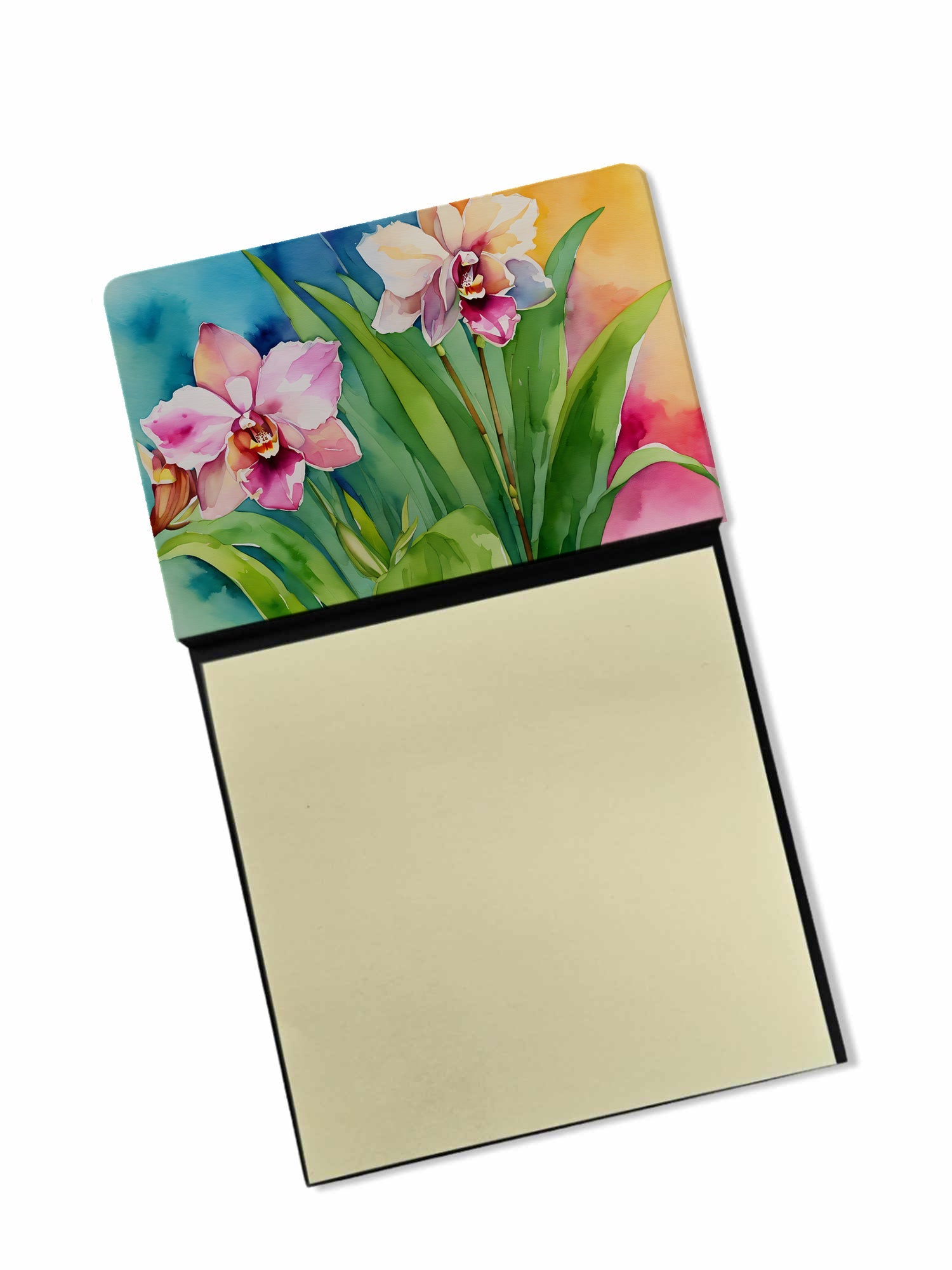 Orchids in Watercolor Watercolor Sticky Note Holder Refillable Dispenser Desk Accessory 3x3 Pad Gift