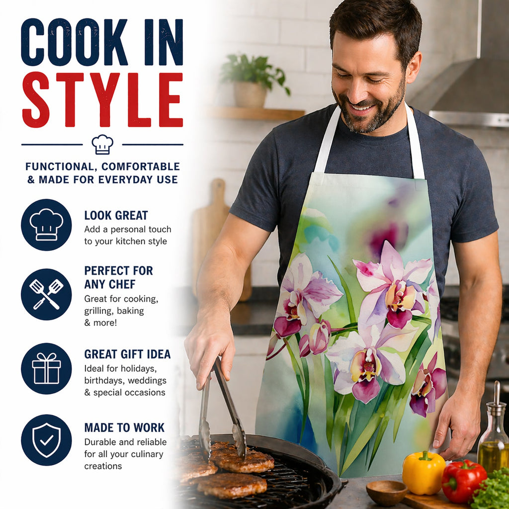 Orchids in Watercolor Apron Cooking Kitchen Server Baking Crafts Gardening for Adult Women Men, Unisex, Large, Multicolor