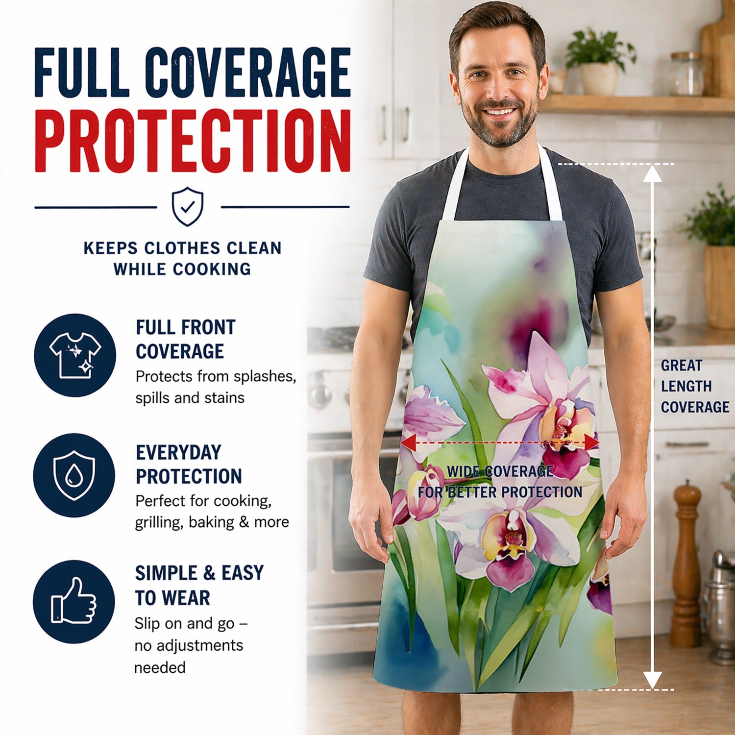 Orchids in Watercolor Apron Cooking Kitchen Server Baking Crafts Gardening for Adult Women Men, Unisex, Large, Multicolor
