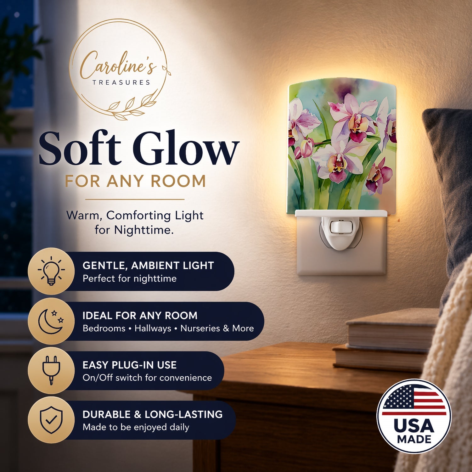 Orchids in Watercolor Ceramic Night Light Compact, UL-Certified, Ideal for Bedroom, Bathroom, Nursery, Hallway, Kitchen, 6x4x3, Multicolor