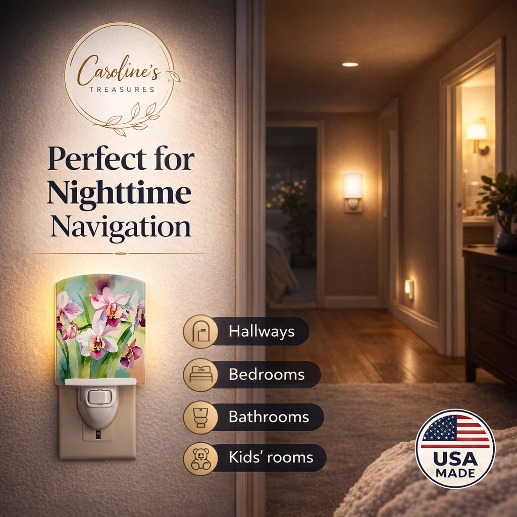 Orchids in Watercolor Ceramic Night Light Compact, UL-Certified, Ideal for Bedroom, Bathroom, Nursery, Hallway, Kitchen, 6x4x3, Multicolor