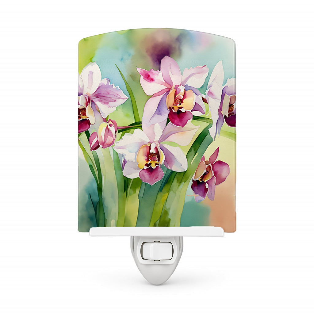 Orchids in Watercolor Ceramic Night Light Compact, UL-Certified, Ideal for Bedroom, Bathroom, Nursery, Hallway, Kitchen, 6x4x3, Multicolor