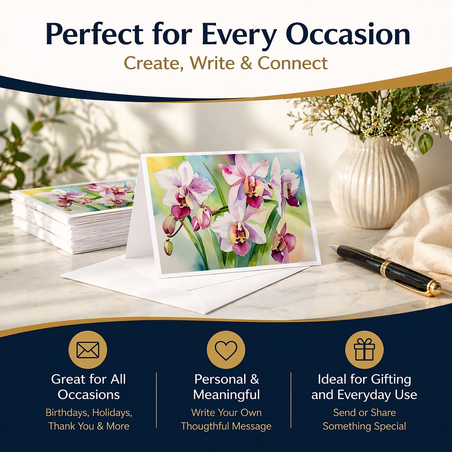 Orchids in Watercolor Greeting Cards Pack of 8 Blank Cards with Envelopes Whimsical A7 Size 5x7