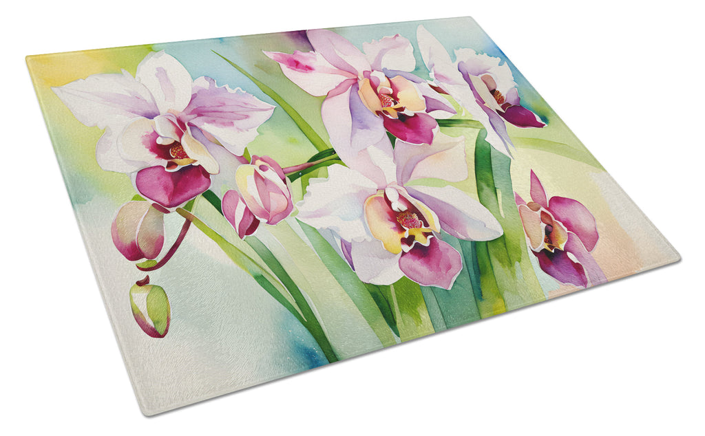 Orchids in Watercolor Cutting Board Tempered Glass Kitchen Cutting Surface, Heat Resistant Chopping, Non-Slip Feet, Food Prep & Serving