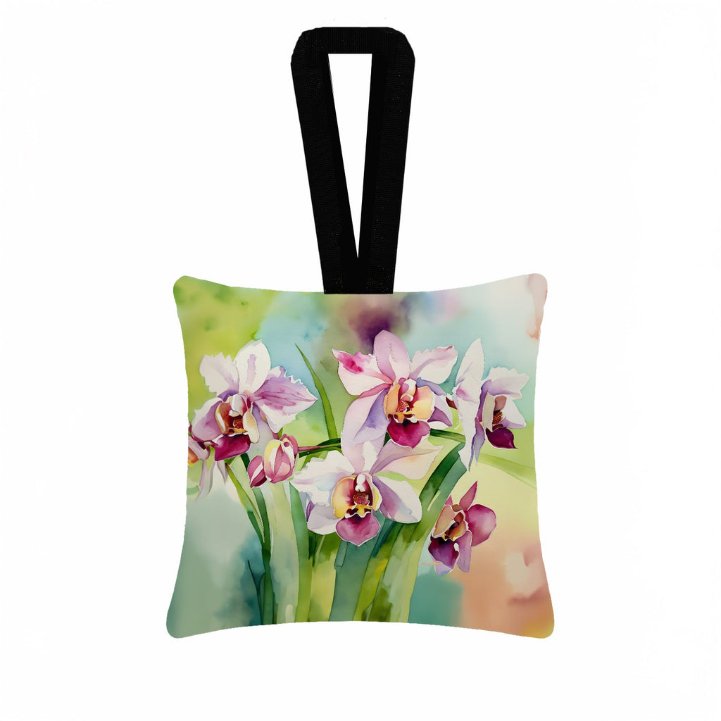 Orchids in Watercolor Hanging Square Fabric Ornament 3.5 × 3.5 Decorative Door-Knob & Tree Hanger, Soft Fabric