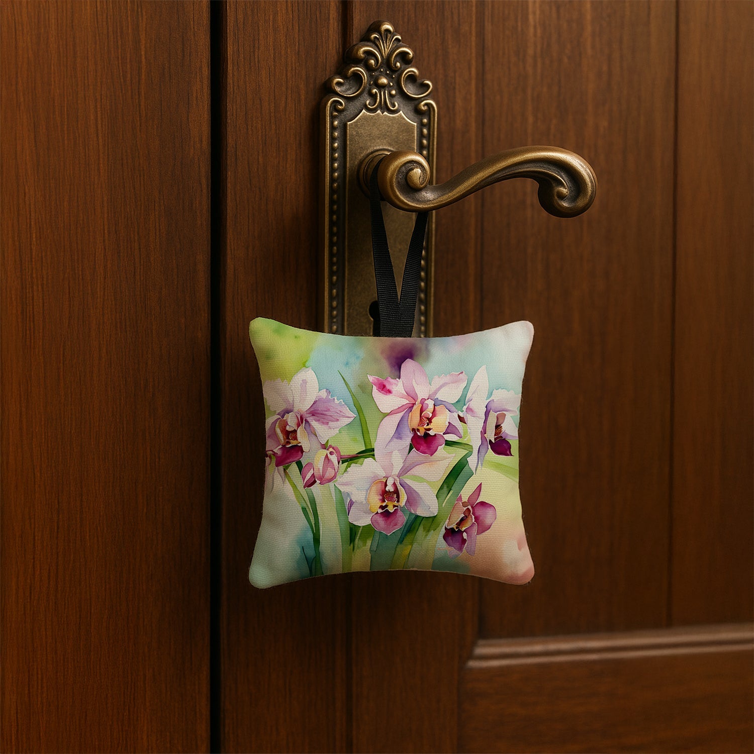Orchids in Watercolor Hanging Square Fabric Ornament 3.5 × 3.5 Decorative Door-Knob & Tree Hanger, Soft Fabric