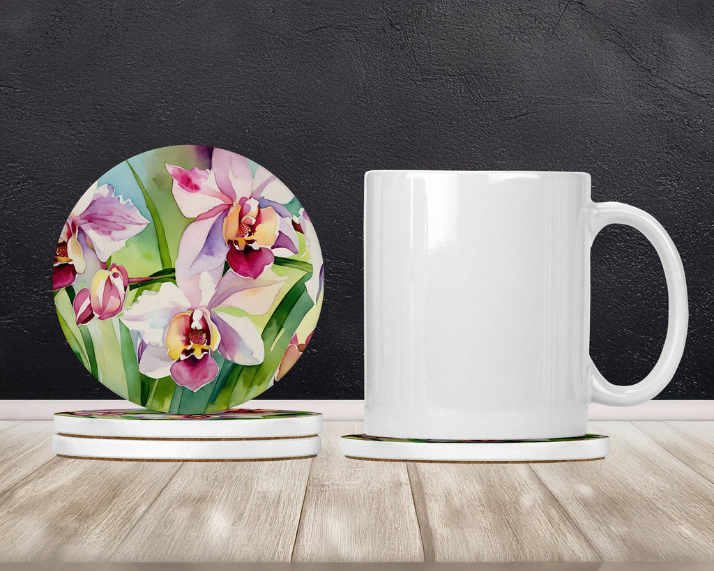 Orchids in Watercolor Large Sandstone Coasters Pack of 4 Absorbent Round Coasters Decor Gifts for Men or Women, 4 in, Multicolor