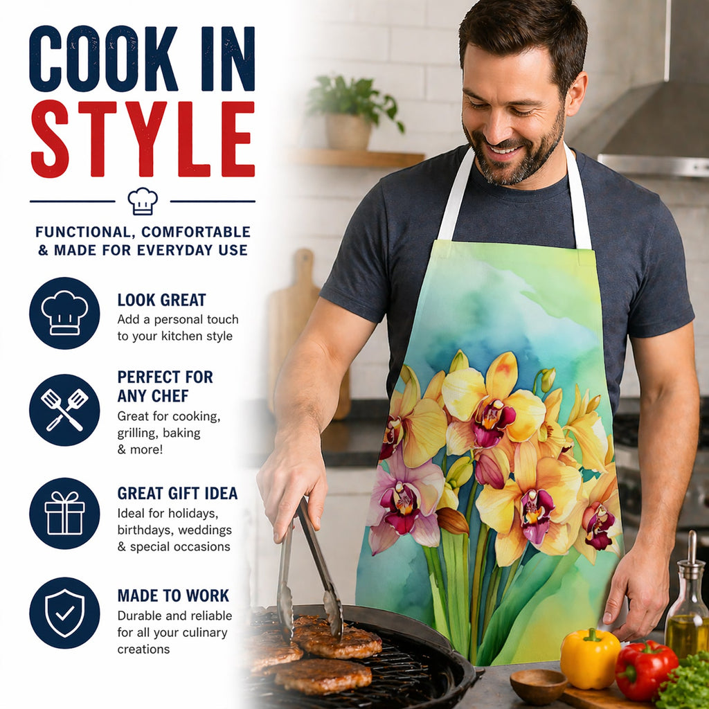 Orchids in Watercolor Apron Cooking Kitchen Server Baking Crafts Gardening for Adult Women Men, Unisex, Large, Multicolor