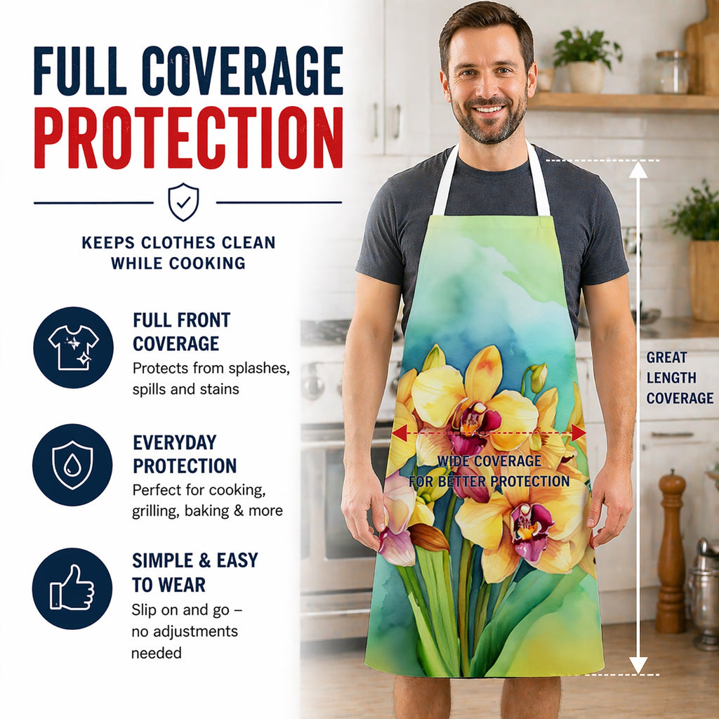 Orchids in Watercolor Apron Cooking Kitchen Server Baking Crafts Gardening for Adult Women Men, Unisex, Large, Multicolor