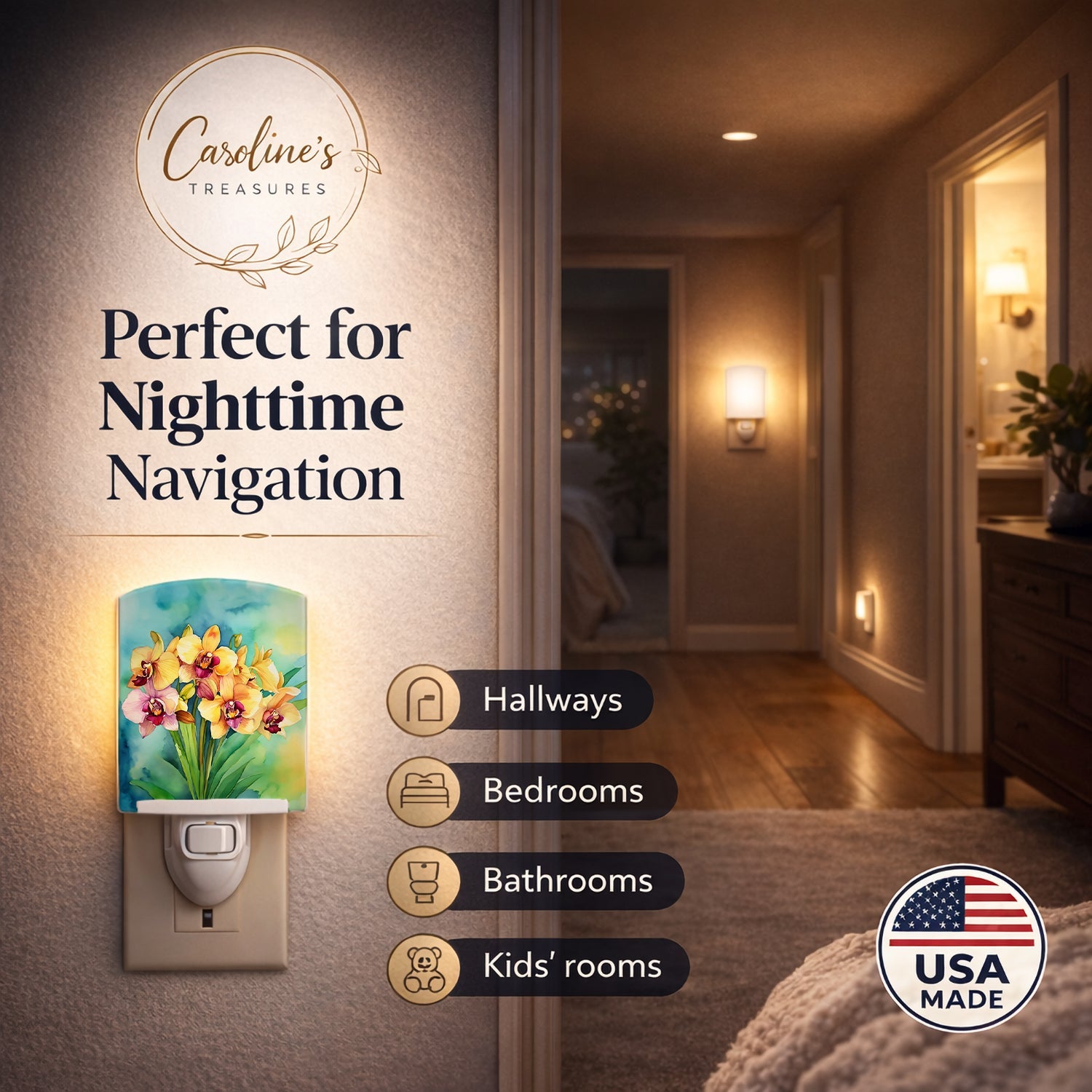 Orchids in Watercolor Ceramic Night Light Compact, UL-Certified, Ideal for Bedroom, Bathroom, Nursery, Hallway, Kitchen, 6x4x3, Multicolor