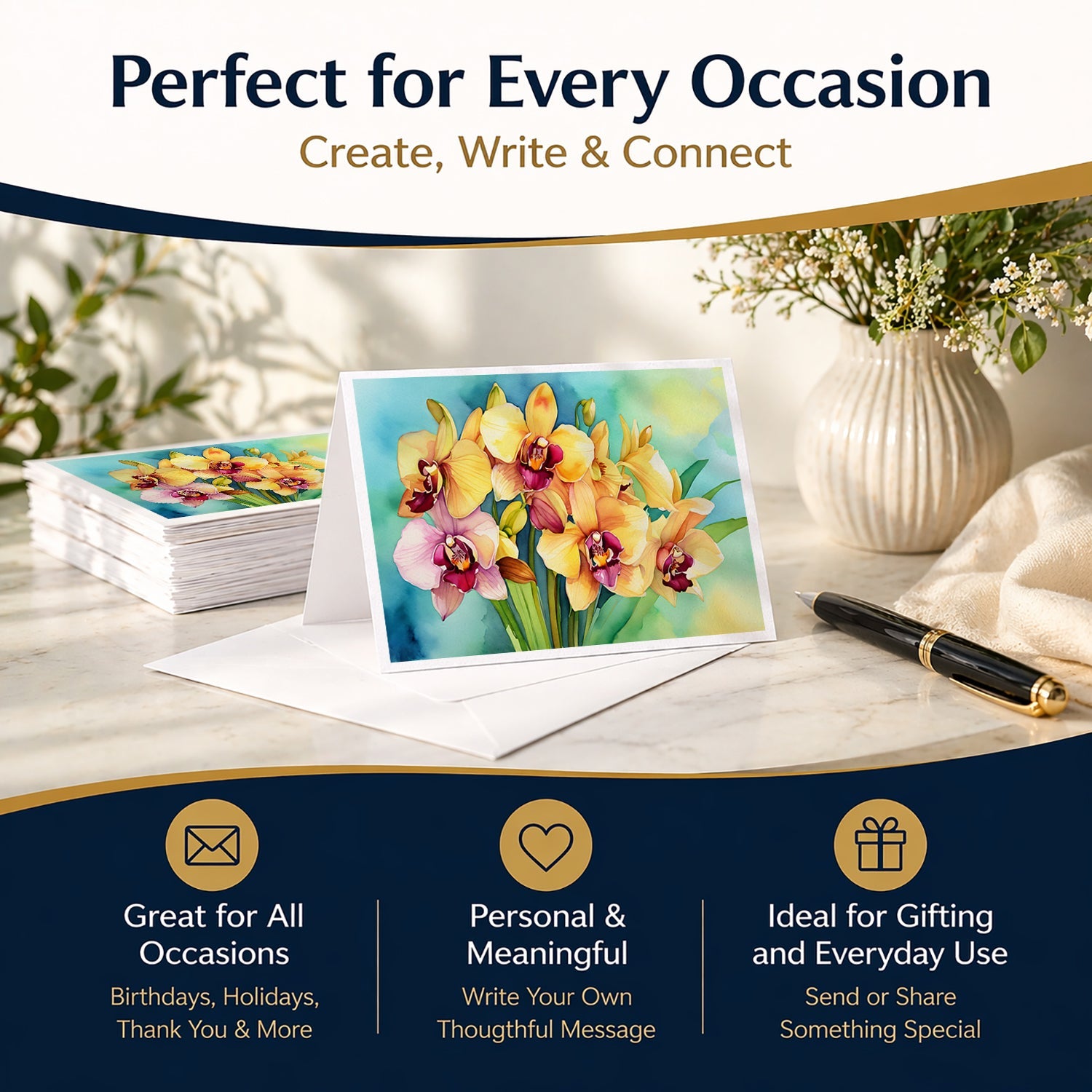 Orchids in Watercolor Greeting Cards Pack of 8 Blank Cards with Envelopes Whimsical A7 Size 5x7