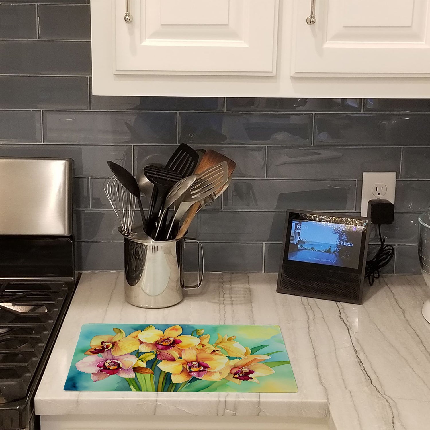 Orchids in Watercolor Cutting Board Tempered Glass Kitchen Cutting Surface, Heat Resistant Chopping, Non-Slip Feet, Food Prep & Serving