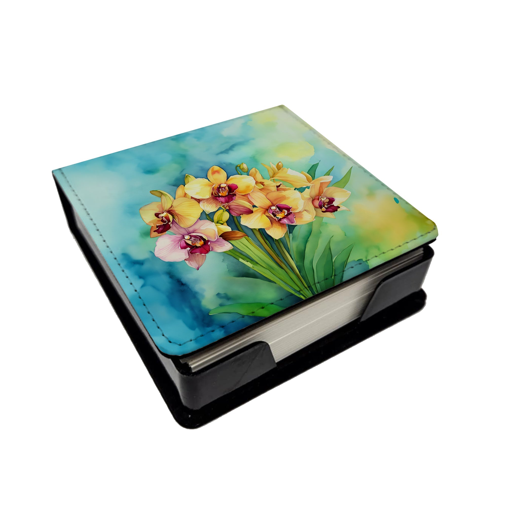 Orchids in Watercolor PU Leather Note Paper Holder with Artist-Designed Cover, Desk Accessory, Office Gift