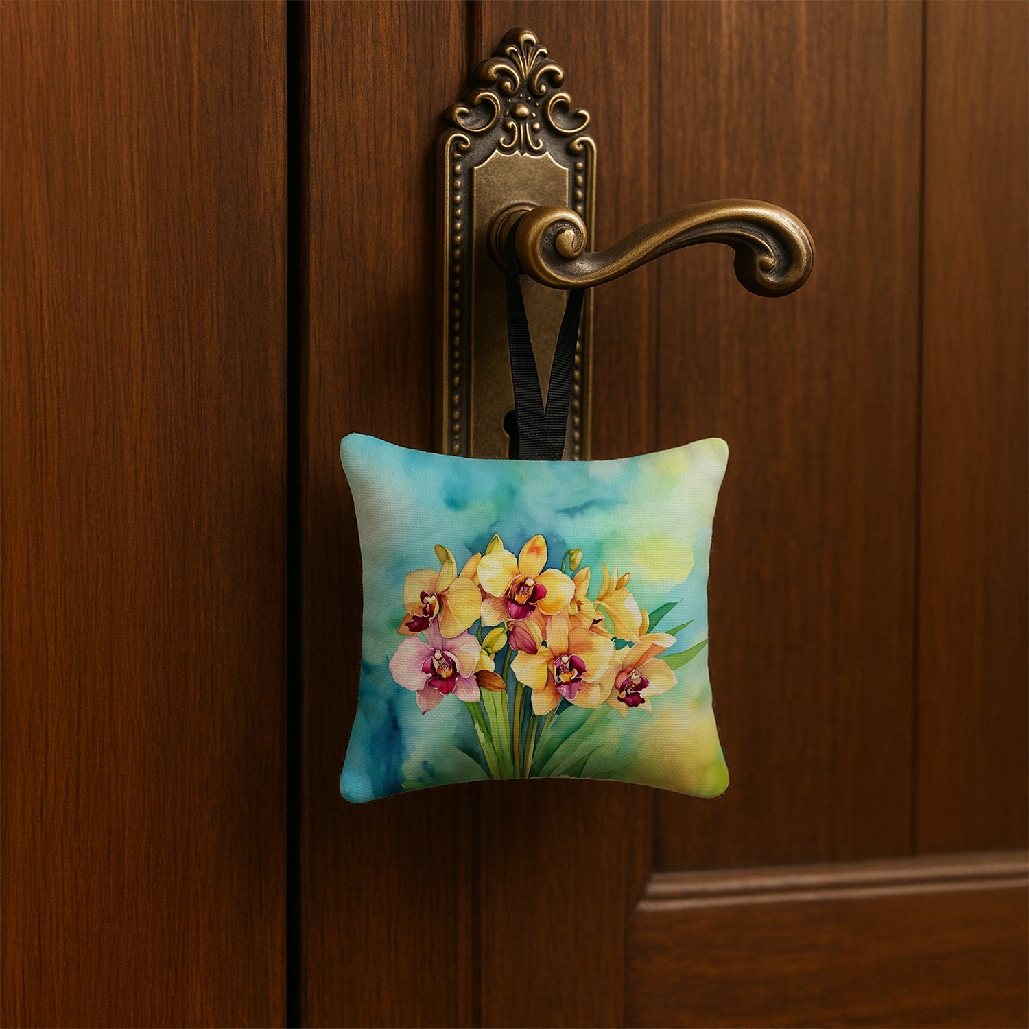 Orchids in Watercolor Hanging Square Fabric Ornament 3.5 × 3.5 Decorative Door-Knob & Tree Hanger, Soft Fabric