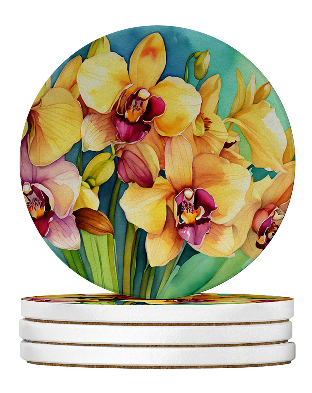 Orchids in Watercolor Large Sandstone Coasters Pack of 4 Absorbent Round Coasters Decor Gifts for Men or Women, 4 in, Multicolor