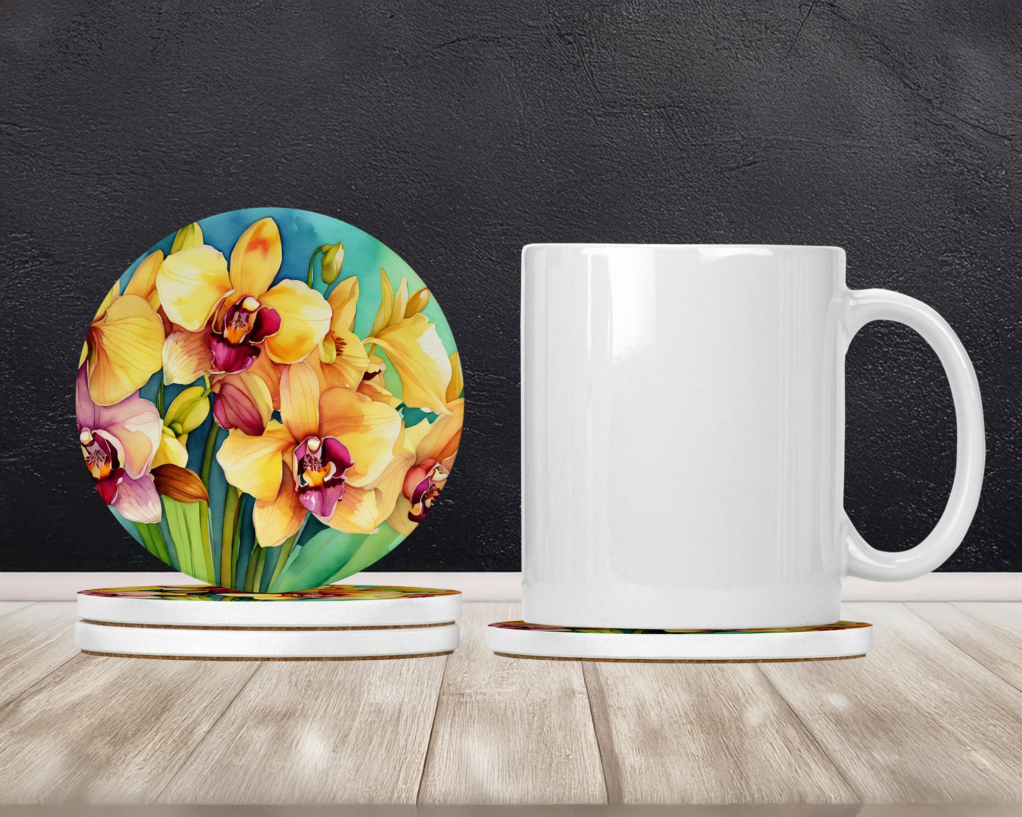 Orchids in Watercolor Large Sandstone Coasters Pack of 4 Absorbent Round Coasters Decor Gifts for Men or Women, 4 in, Multicolor