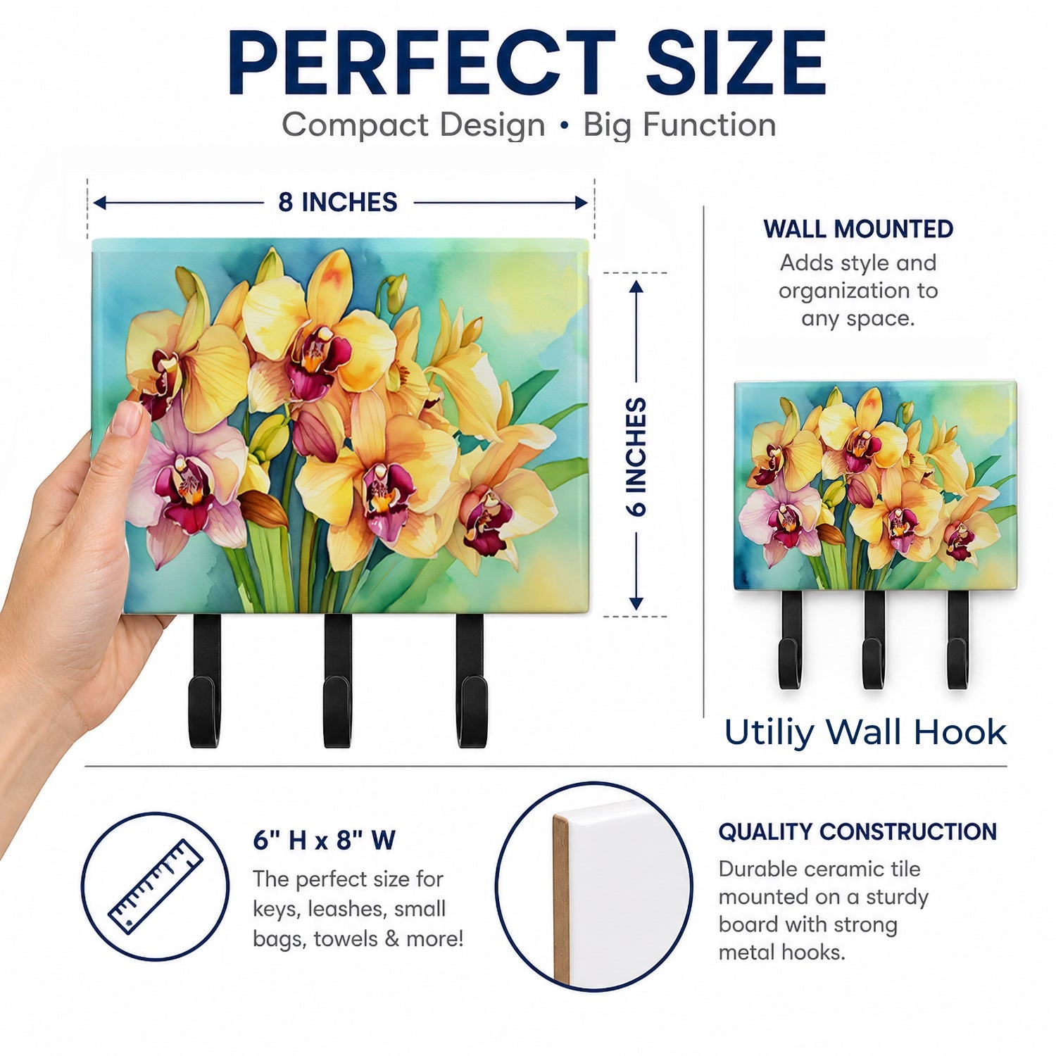 Orchids in Watercolor Leash or Key Holder Wall Hooks, Coat Rack Wall Mount, for Hanging Keys, Towels, Aprons, Leashes