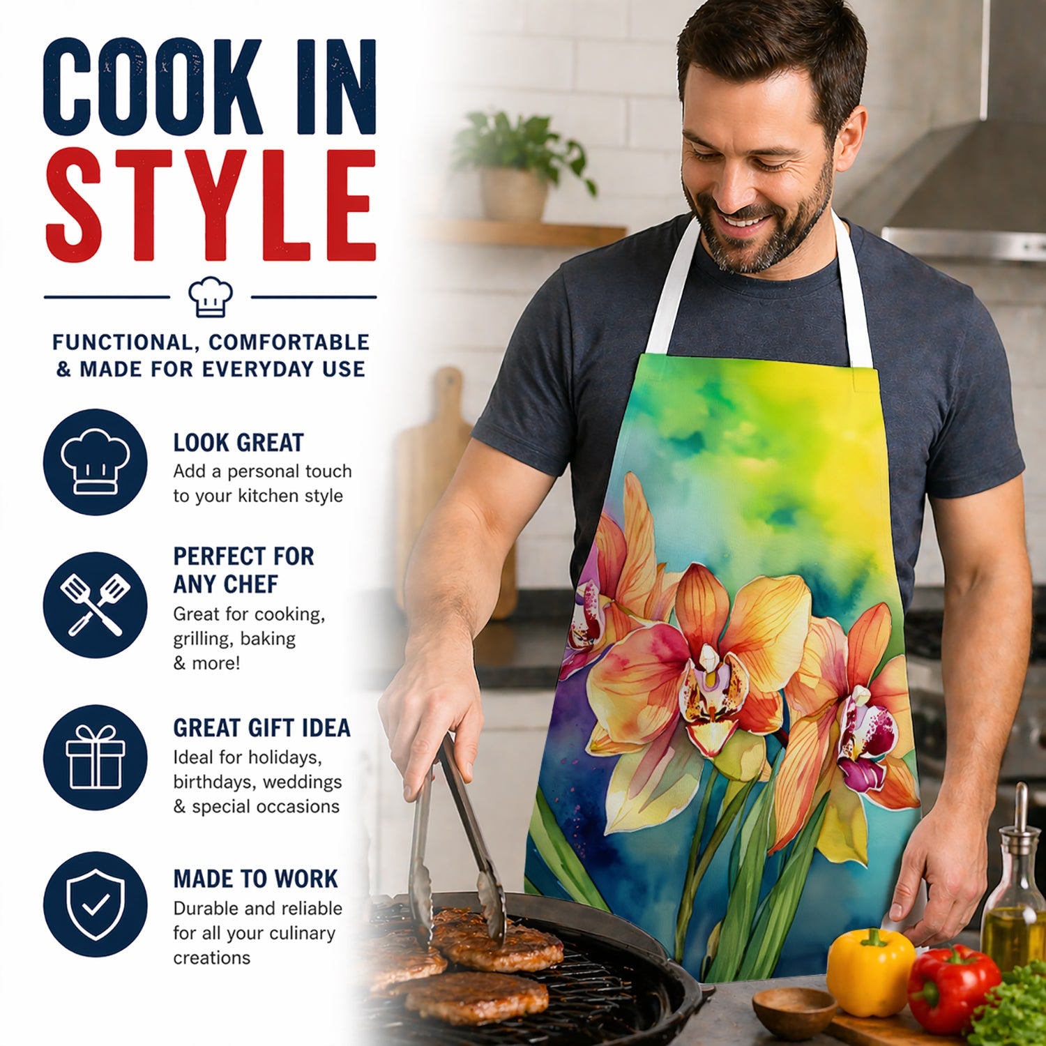 Orchids in Watercolor Apron Cooking Kitchen Server Baking Crafts Gardening for Adult Women Men, Unisex, Large, Multicolor