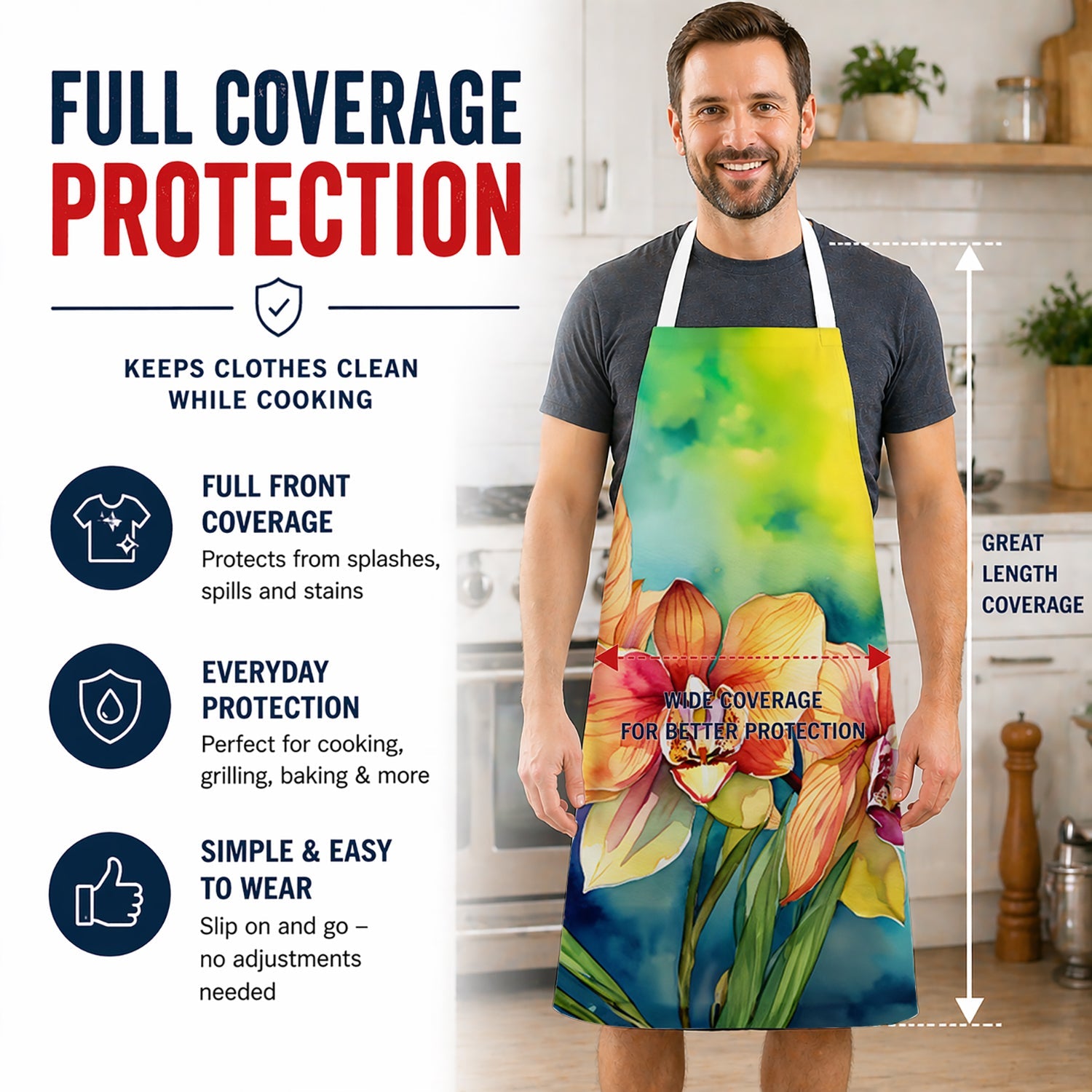 Orchids in Watercolor Apron Cooking Kitchen Server Baking Crafts Gardening for Adult Women Men, Unisex, Large, Multicolor