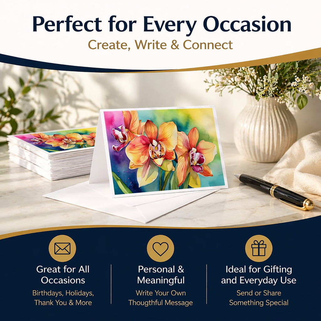 Orchids in Watercolor Greeting Cards Pack of 8 Blank Cards with Envelopes Whimsical A7 Size 5x7