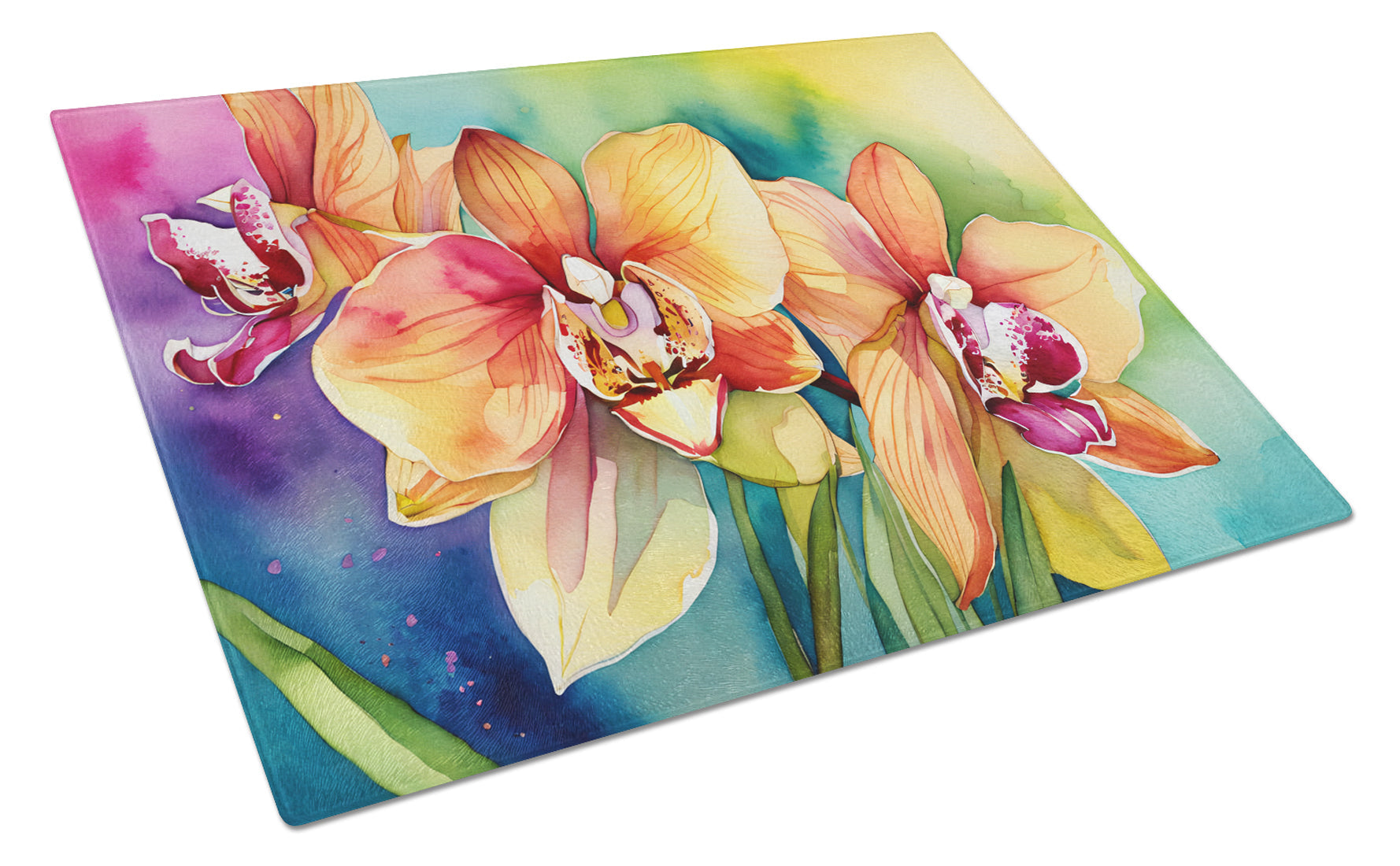 Orchids in Watercolor Cutting Board Tempered Glass Kitchen Cutting Surface, Heat Resistant Chopping, Non-Slip Feet, Food Prep & Serving
