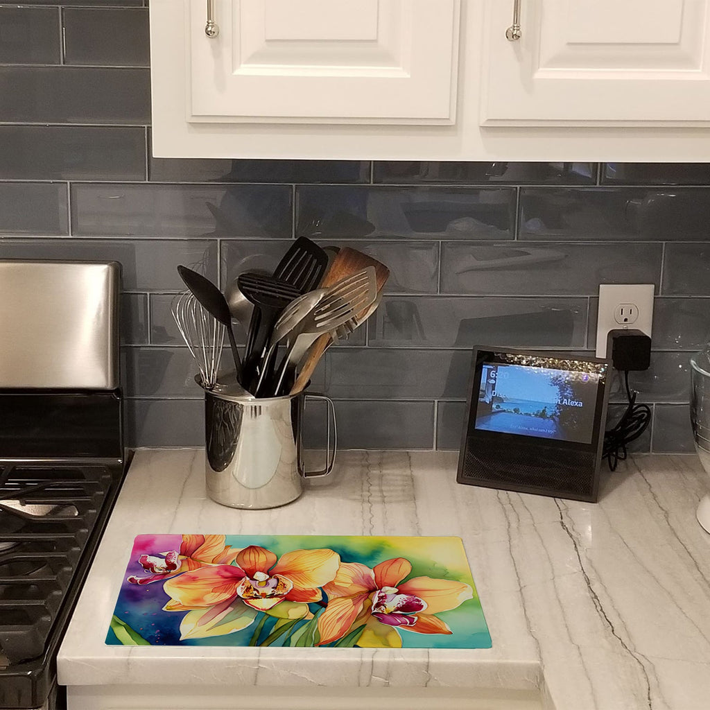 Orchids in Watercolor Cutting Board Tempered Glass Kitchen Cutting Surface, Heat Resistant Chopping, Non-Slip Feet, Food Prep & Serving