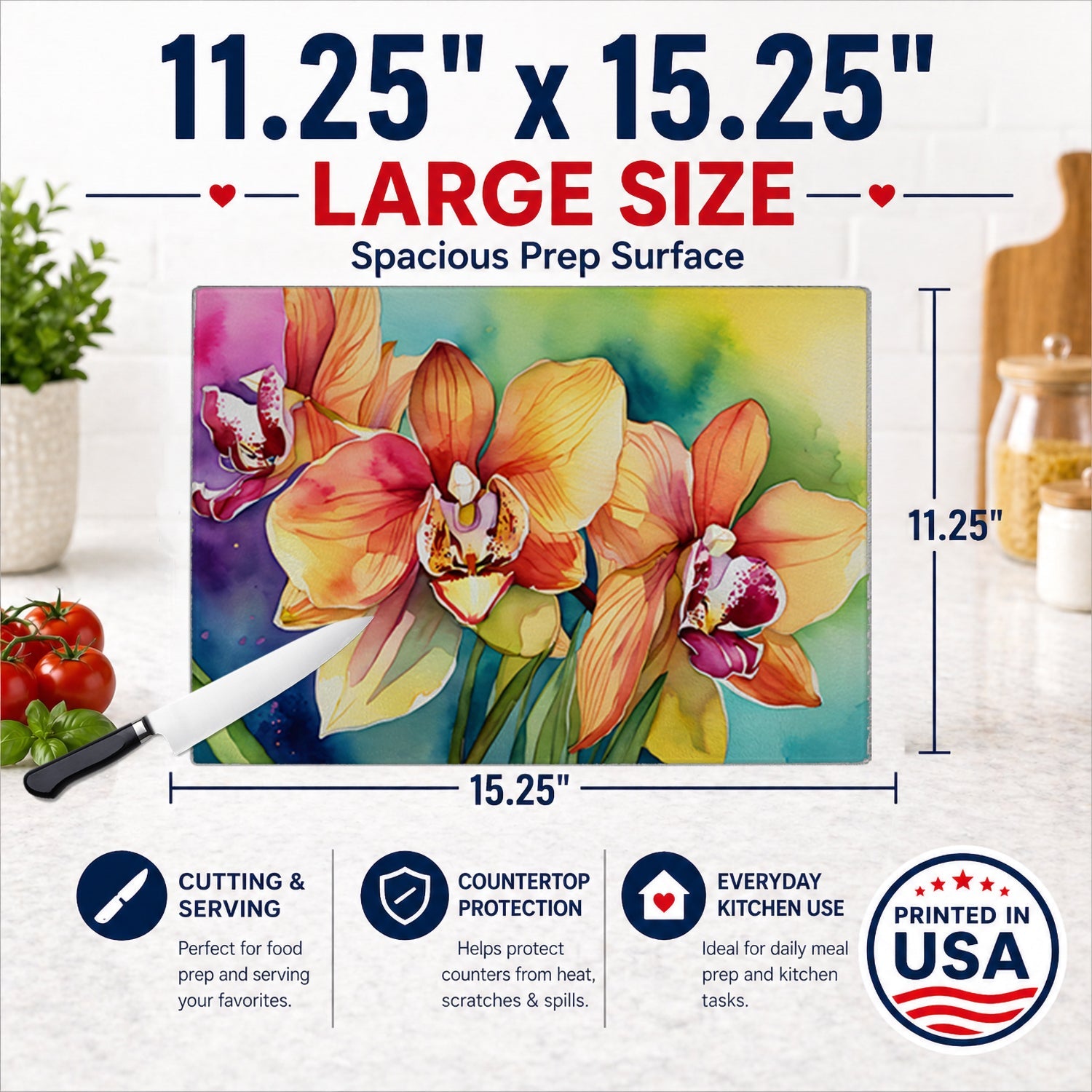 Orchids in Watercolor Cutting Board Tempered Glass Kitchen Cutting Surface, Heat Resistant Chopping, Non-Slip Feet, Food Prep & Serving