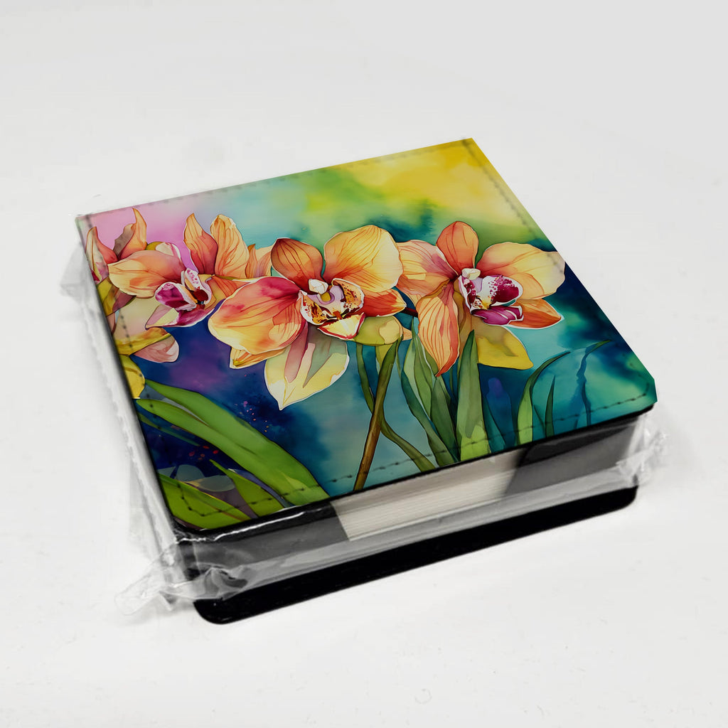 Orchids in Watercolor PU Leather Note Paper Holder with Artist-Designed Cover, Desk Accessory, Office Gift