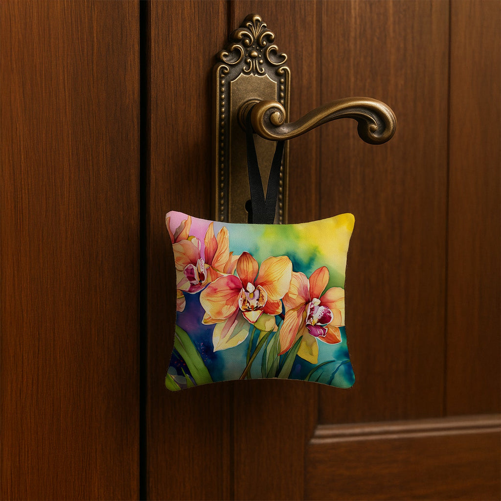 Orchids in Watercolor Hanging Square Fabric Ornament 3.5 × 3.5 Decorative Door-Knob & Tree Hanger, Soft Fabric